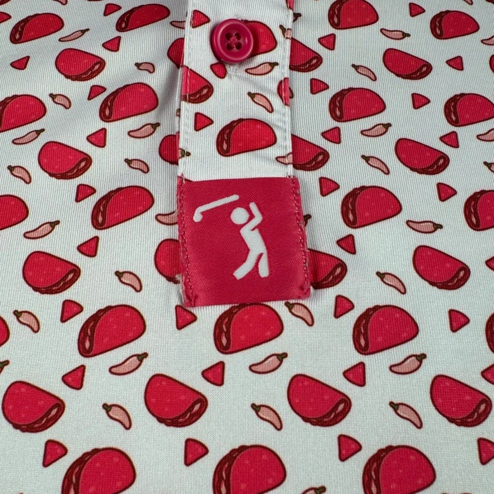 Bogey Bros Golf Co Mens XXL Taco Chili Pepper Print Performance Polo Shirt Pink - Picture 5 of 11
